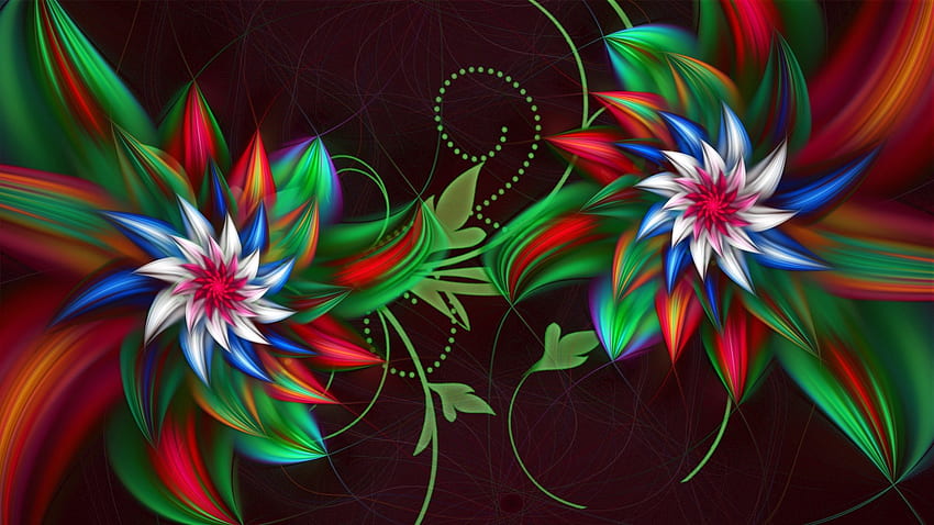 ღ.Colorful Two Flowers.ღ, deux, coloré, style, art fractal, mignon, couleurs, art numérique, printemps, dessins, pétales, fleur, doux, fleurs, beau, saisons, été, pollen, feuilles, joli, cool , fleurs, charmant, fleurs Fond d'écran HD