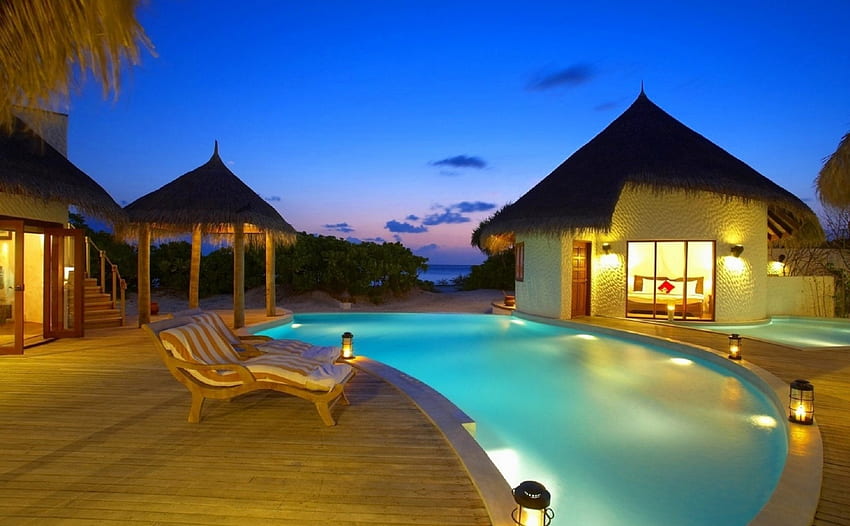 Exotic Resort, love four seasons, summer, tropics, resorts, attractions in dreams, pools, bungalows HD wallpaper