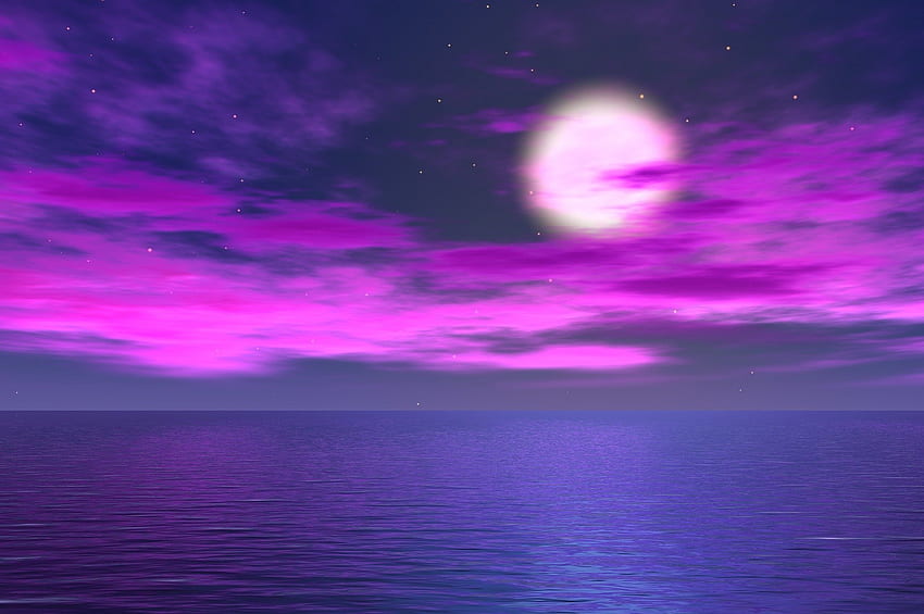 Purple moon in water, night, blue, michele cashmore, sea, purple, pink, moon, sky, water, ocean, cloud HD wallpaper