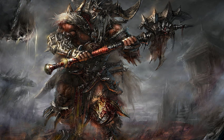 diablo, Barbarian, Armor, Blood, Horns, Spikes, Ax, Undead HD wallpaper