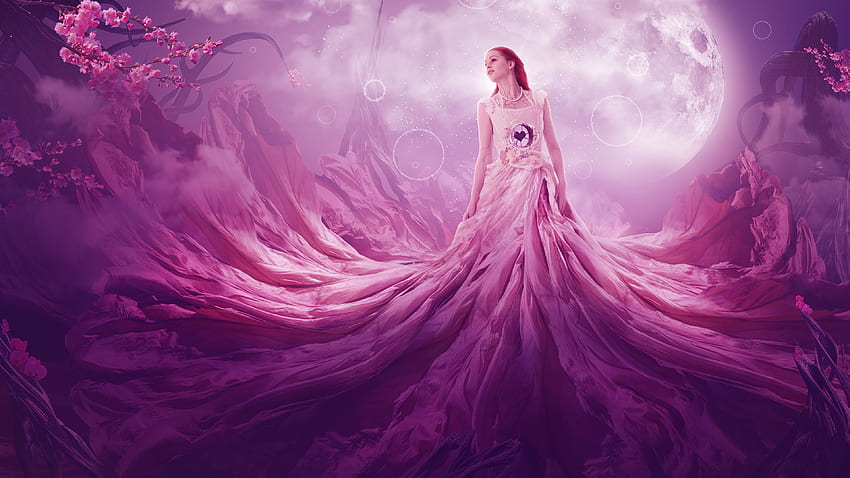 Fantasy girl, moon, art, fantasy, luminos, girl, dress, night, primavara, spring, pink, luna HD wallpaper