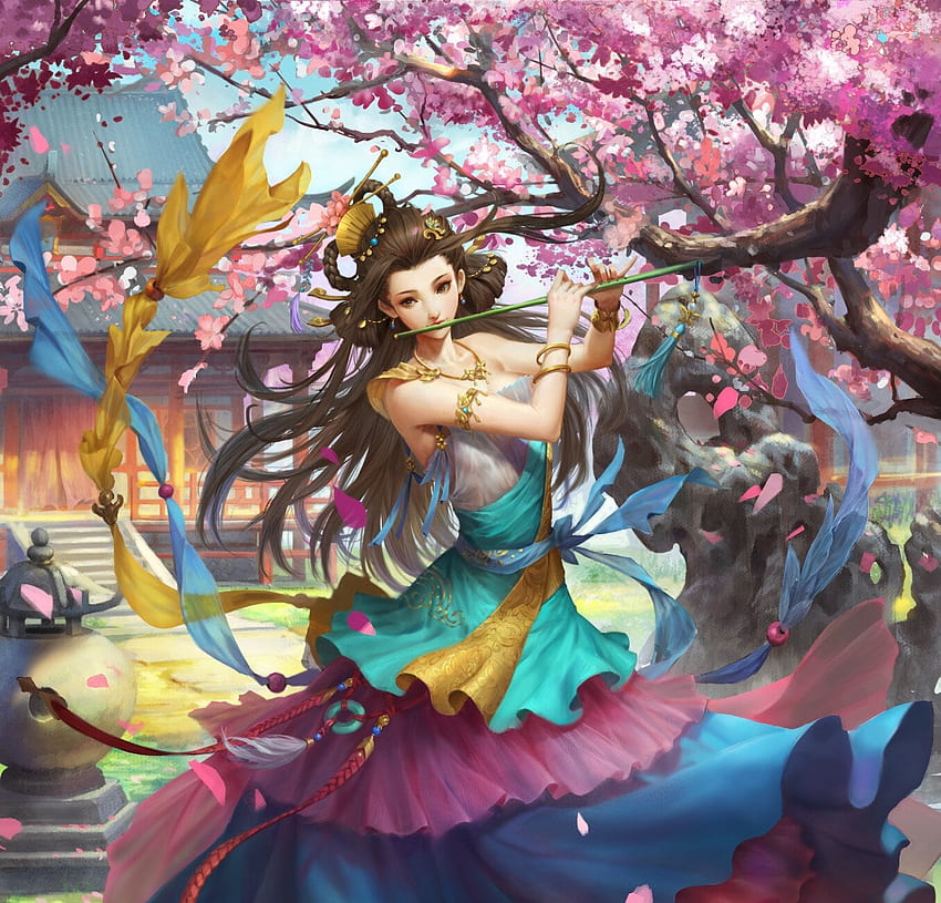Flute singer, flute, art, girl, spring, wind, pink, instrument, fantasy, make, ma ke HD wallpaper