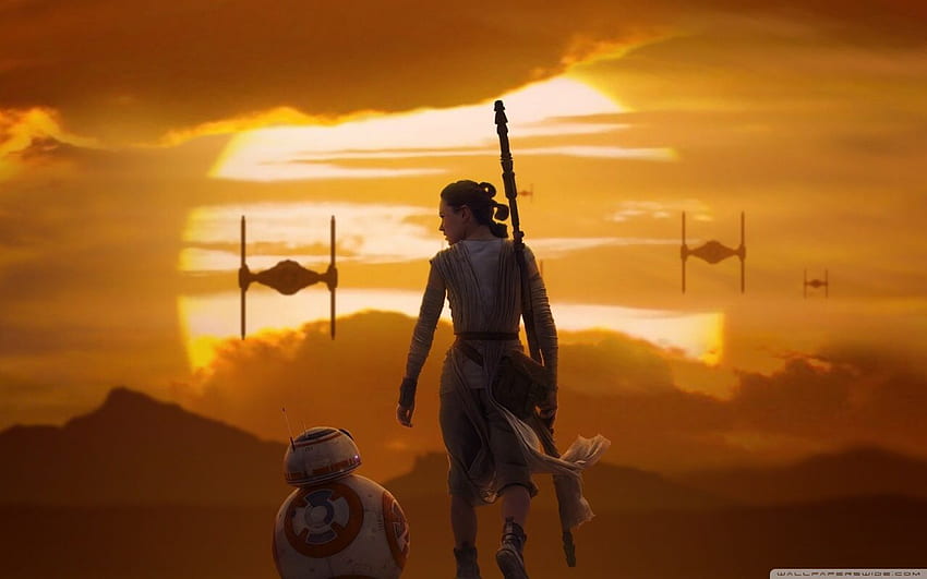 Rey And BB 8 On Jakku With First Order TIE Fighters Above HD wallpaper