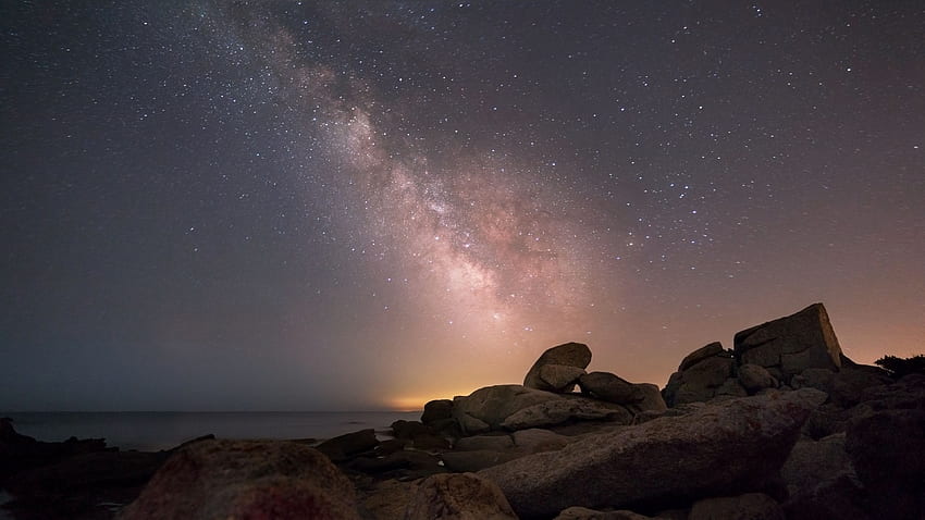 Stones Rocks Ocean Under Blue Starry Sky Milky Way During Nighttime Dark Background HD wallpaper