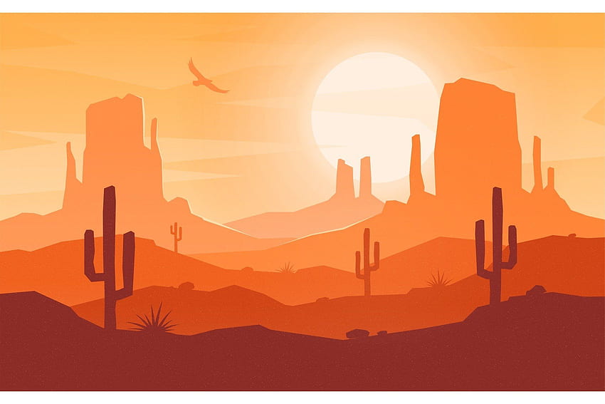 Deserto in stile piatto cartone animato diurno. Illustrazione del paesaggio, pittura del deserto, arte del deserto Sfondo HD