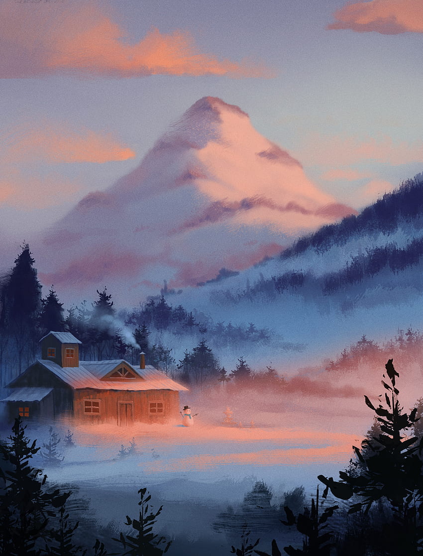 Зима, изкуство, планини, нова година, сняг, коледа, малка къща, хижа HD тапет за телефон