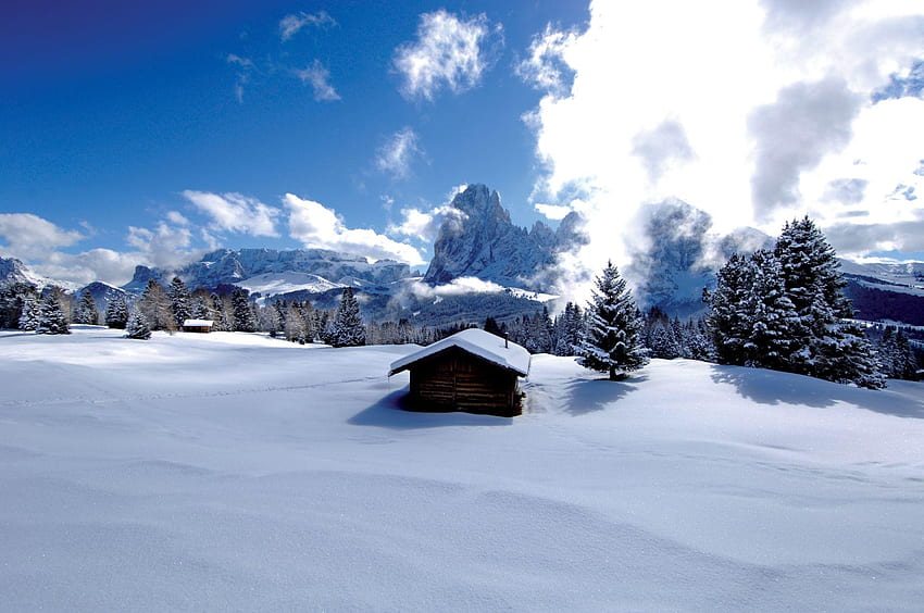 Val Gardena, Dolomit, Italia, lembah, salju, pohon, pegunungan Alpen, pegunungan, kabin Wallpaper HD