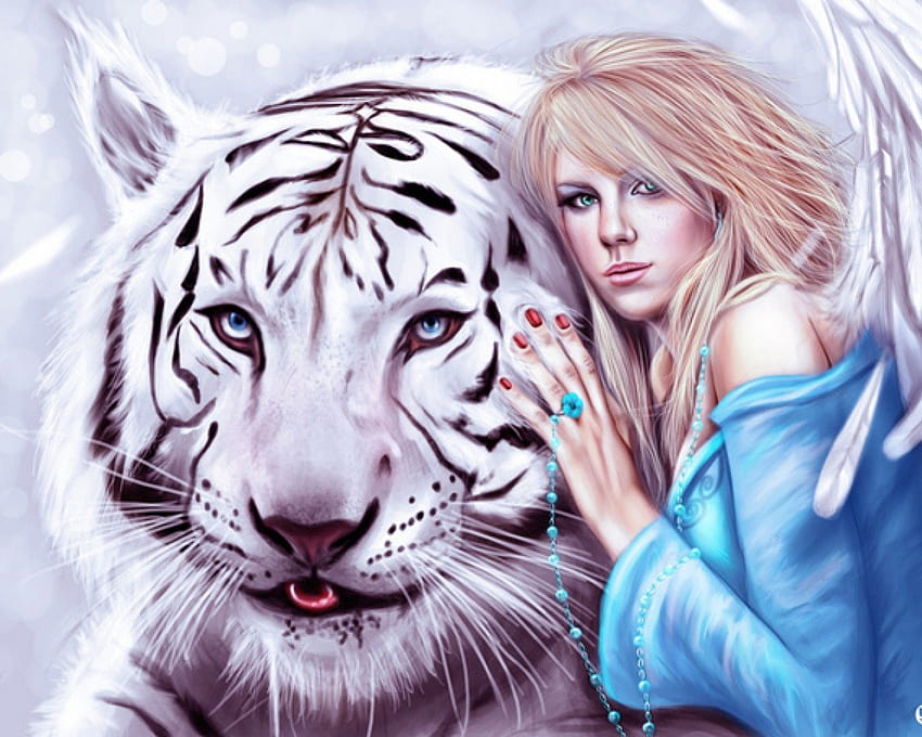 Persahabatan yang luar biasa, musim dingin, putih, harimau, manik-manik, malaikat, gadis, cantik Wallpaper HD