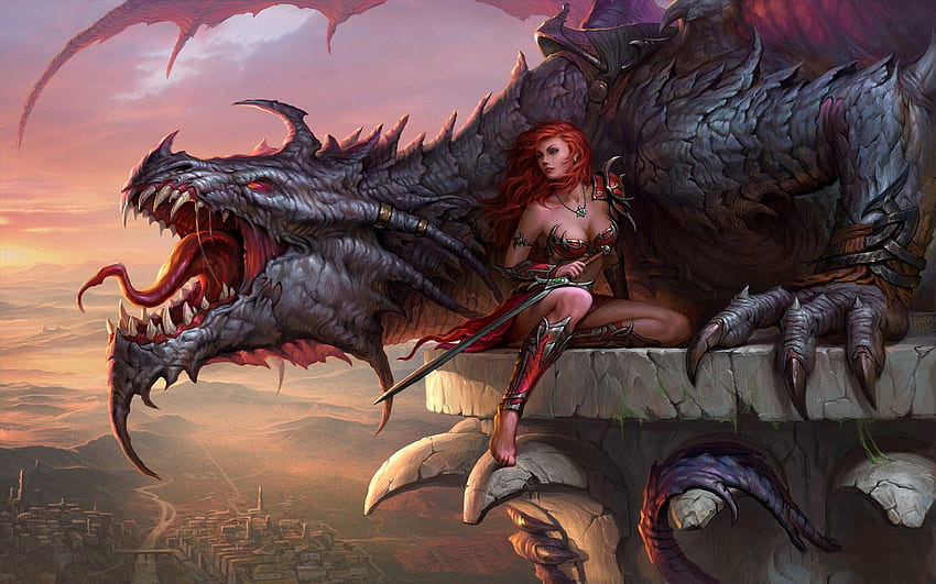 Girl and dragon, girl, redhead, art, fantasy, dragon, sunset HD wallpaper