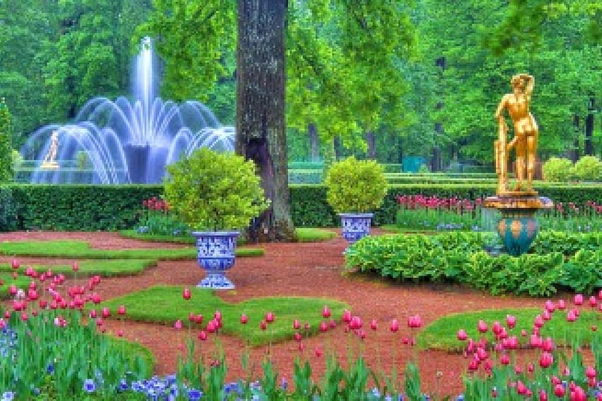 Райска градина, цветя, алеи, лалета, разходка, красота, статуя, хубаво, фонтан, дървета, зеленина, вода, градина, рай, красиво, трева, парк, почивка, розово, красиво, зелено, червено, природа, цветя, прекрасно , гора HD тапет