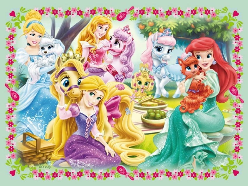 Princesas da Disney, azul, ariel, animais de estimação do palácio, animal, cinderela, fofa, disney, menina, aurora, rapunzel, rosa, fantasia, verde, ruiva, princesa papel de parede HD