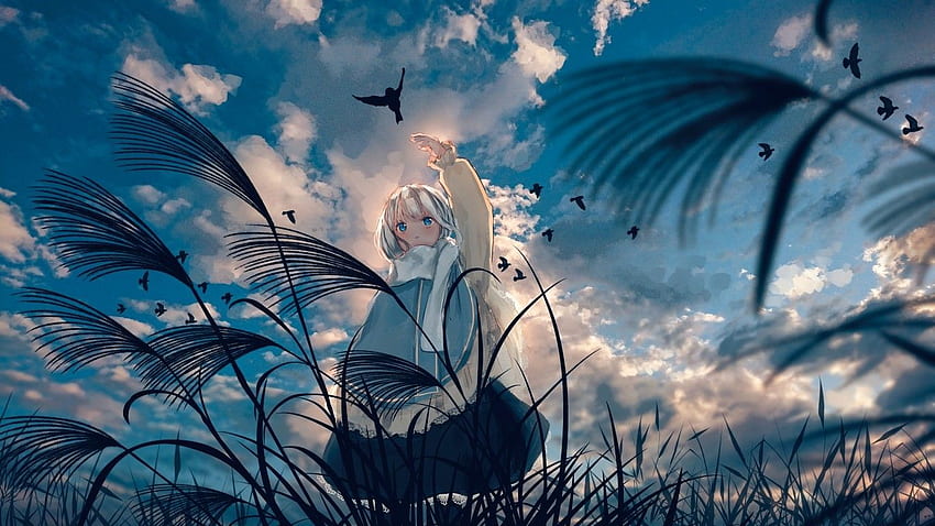 Jolie fille anime, plantes, paysage animé, nuages, oiseau, cheveux courts pour ordinateur portable, ordinateur portable Fond d'écran HD