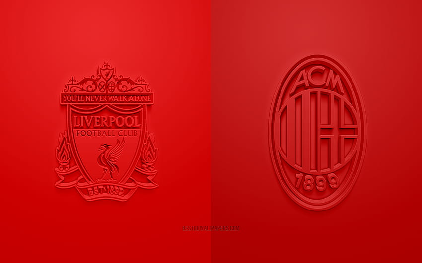 Liverpool FC vs AC Milan, 2021, UEFA Champions League, Group B, logos 3D, rojo, Champions League, partido de fútbol, ​​2021 Champions League, Liverpool FC, AC Milan fondo de pantalla