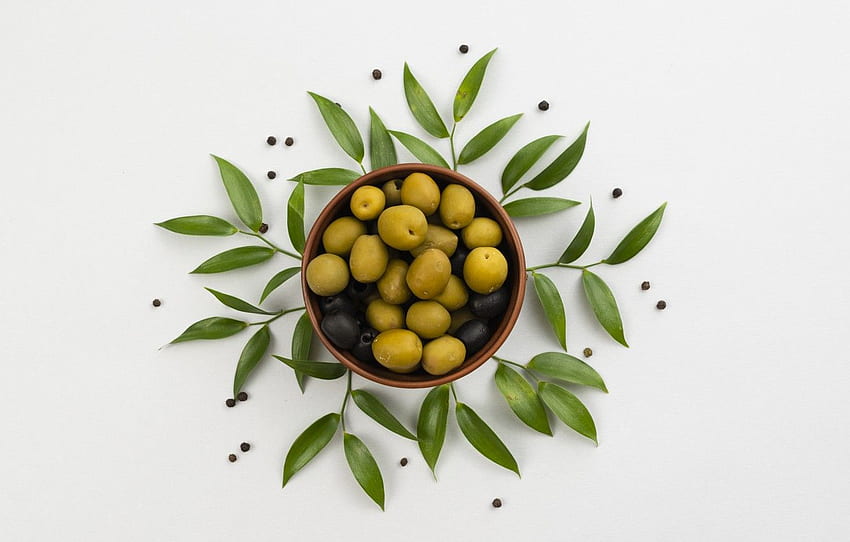 leaves, plate, olives, olives, Minimalist Olive HD wallpaper