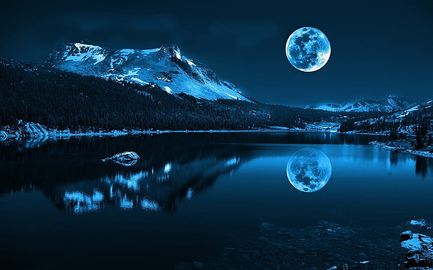 Paysage, Nuit, Nature, Lune, Lacs Fond d'écran HD