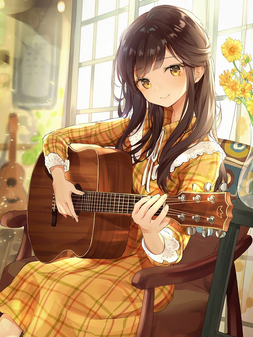 アニメの女の子, ギターを弾く, 楽器, 音楽, かわいい - Anime Girl Playing Instruments - - HD電話の壁紙