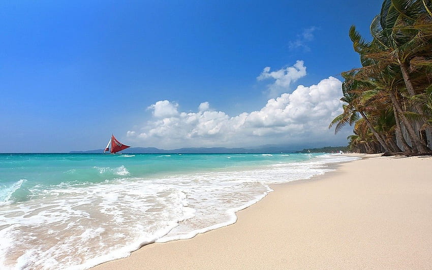 tropical sailboats beach boracay island philippines sea summer palm trees white sand clouds nature landscape HD wallpaper