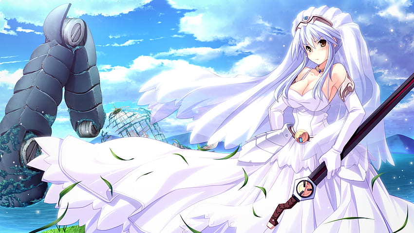 Weißes Kleid, weiß, Schwert, Anime, Mädchen, Kleid HD-Hintergrundbild