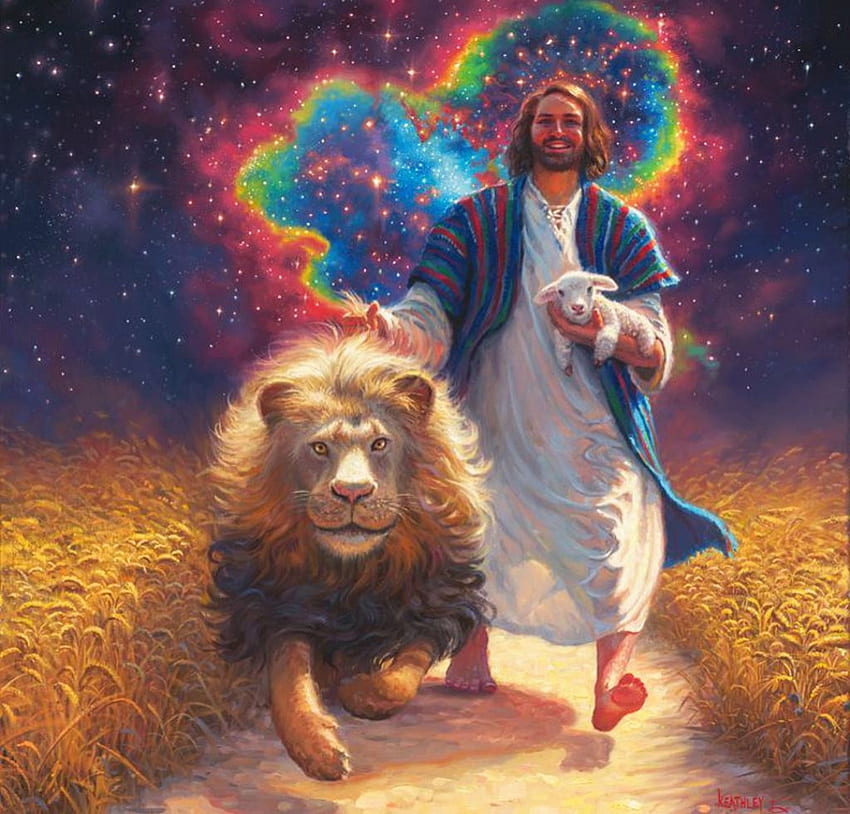 Lion and the Lamb, artwork, religious, painting, field, jesus, predator HD wallpaper
