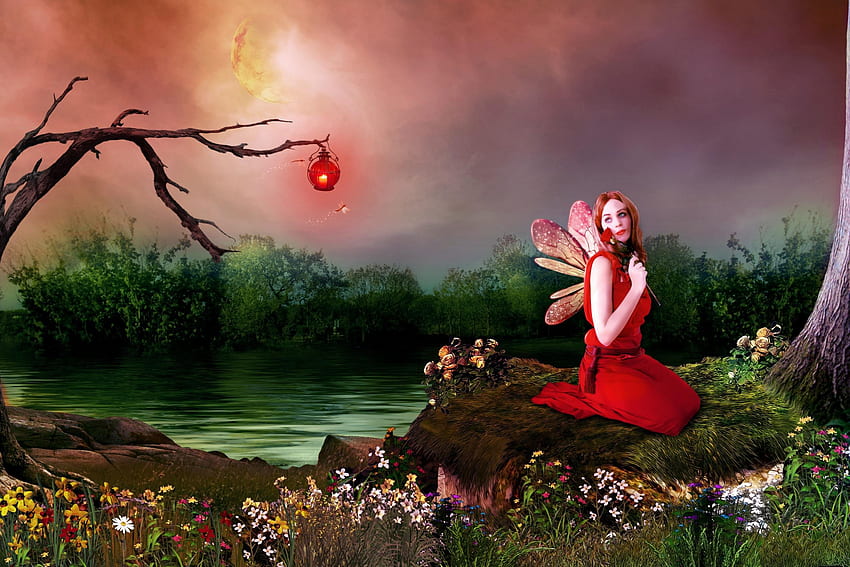 FANTASY - fairy red rose flowers pond lantern girl . . 669054 HD wallpaper