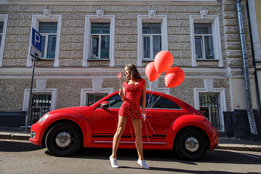 Paulina Gofshtein, dress, brunette, model, balloons, red, car HD wallpaper