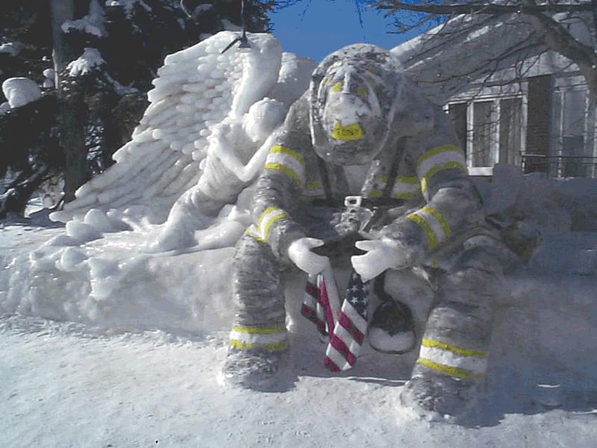 Ice Angel, graphy, angel, flag, firefighters, ice HD wallpaper