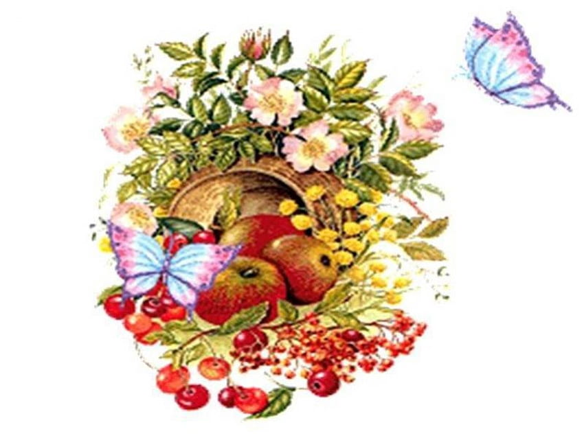 Spring Day, butterflies, basket, fruit, flowers, spring HD wallpaper