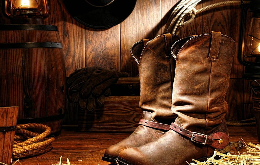 cappello, legno, lampada, guanti, cordoncino, stivali da cowboy Sfondo HD