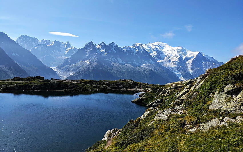 Lac de Cheserys with a view of Mont Blanc, France, landscape, sky, alps, water, mountains, reflections HD wallpaper