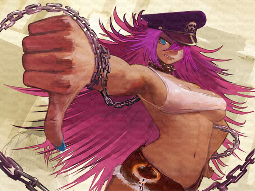 You're going DOWN!!!!, games, poison, blue eyes, smile, pink hair, long hair, final fight, chain, capcom, video games, handcuffs, shorts, hat HD wallpaper
