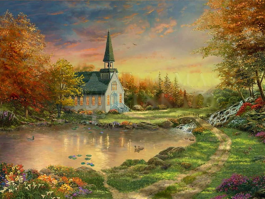 Chapel Reflection, lake, artwork, painting, trees, autumn, church, sunset HD wallpaper