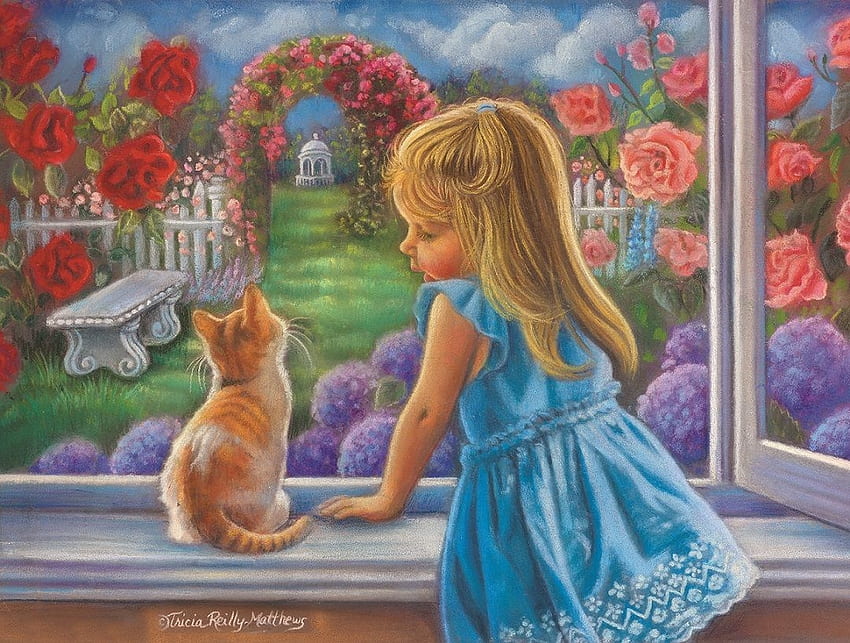 Es ist eine wunderschöne Welt da draußen, blau, Kätzchen, Fenster, Mädchen, Kleid, klein, draußen, Malerei, Kind HD-Hintergrundbild
