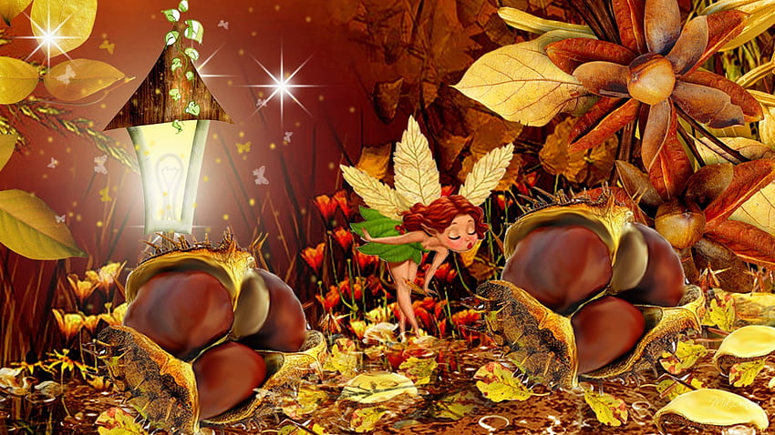 January 6, 2017 - Chestnuts Light Fairy Fall Fantasy Flowers Stars Fancy Leaves Autumn Nature HD wallpaper