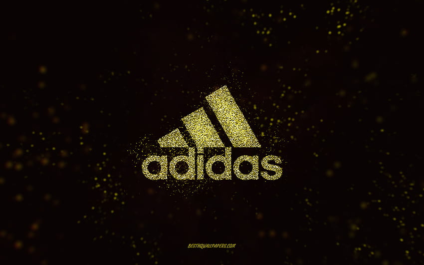 Блестящо лого на Adidas, черен фон, лого на Adidas, жълто блестящо изкуство, Adidas, творческо изкуство, жълто блестящо лого на Adidas HD тапет