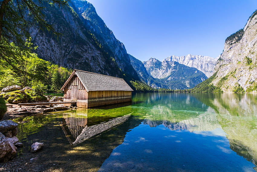 Lake Koenigssee, Bavaria, germany, sky, mountains, alps, cabin HD wallpaper