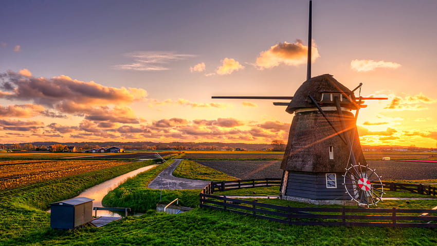 Landscape View Of Windmill Greenery Land Blue Sky During Sunset Travel HD wallpaper
