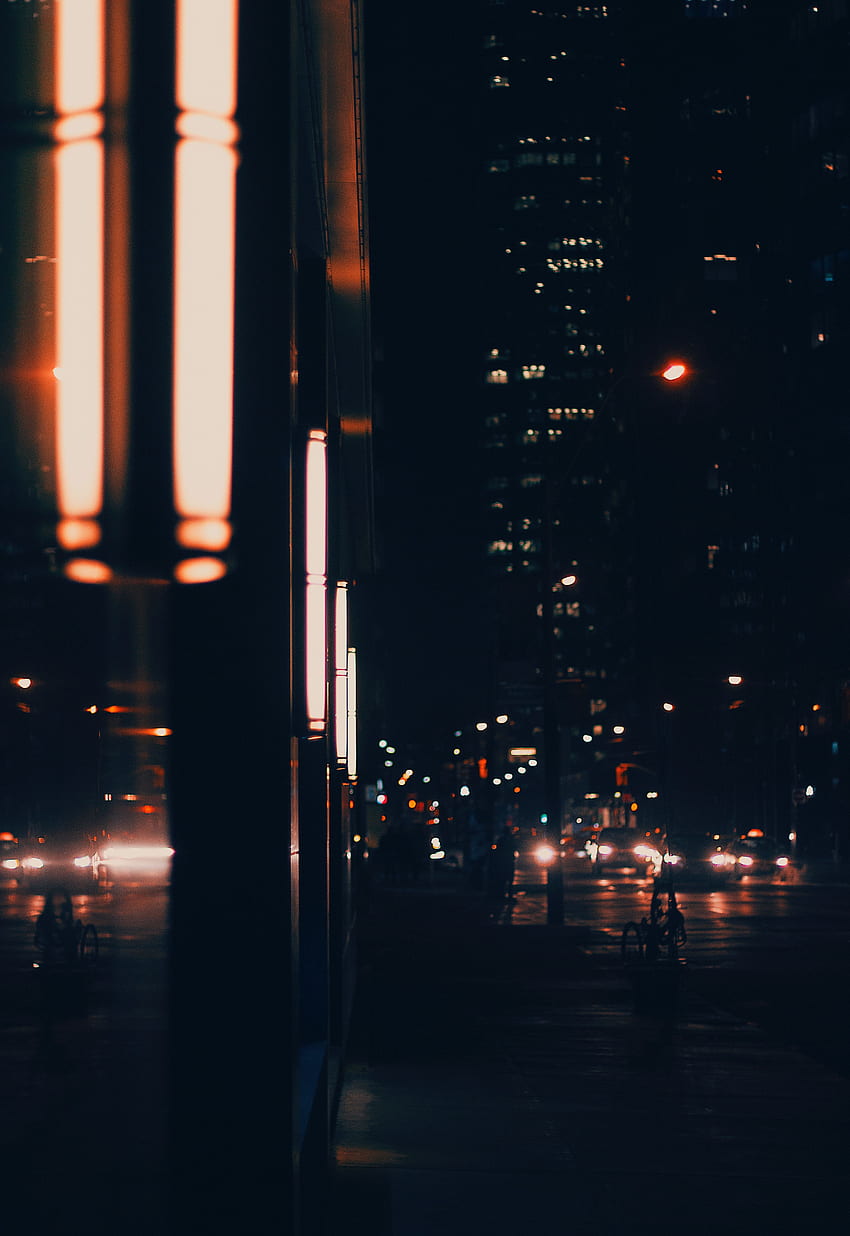 Auto, Edificio, Luces, Oscuro, Noche Ciudad, Calle fondo de pantalla del teléfono