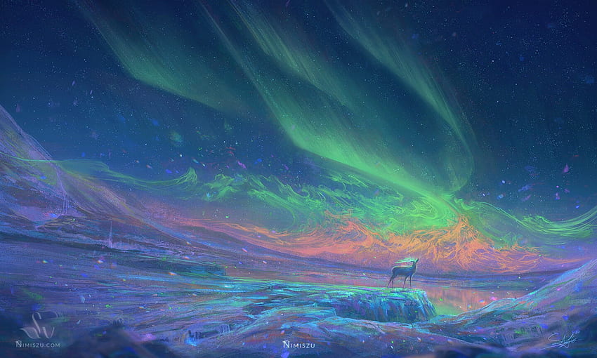 Borealis sea, green, sky, shaylynn wong, aurora, night, blue, art, pink, nimiszu, fantasy, deer, lights HD wallpaper