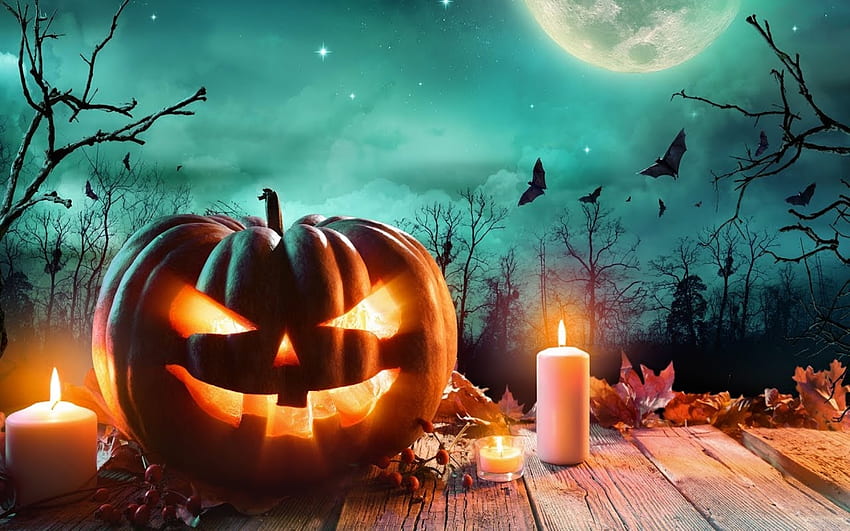 Тиква за Хелоуин със свещи, прилепи, свещи, портокал, луна, Хелоуин, тиква HD тапет