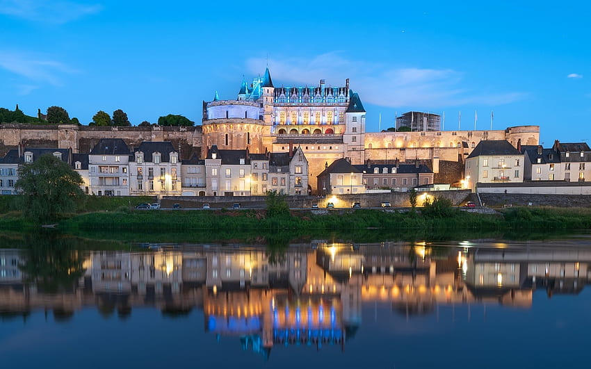 Amboise, France, houses, castle, town, river, France, dusk HD wallpaper