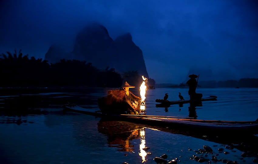 notte, fiume, pesca, barche, Cina, pescatori, cormorani, Yangtze per , sezione пейзажи, barca cinese Sfondo HD