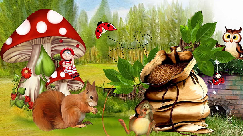 Back Yard Fun, ladybug, garden, grain, mushrooms, owl, leaves, mouse, fantasy, field, trees, whimsical, squirrel HD wallpaper