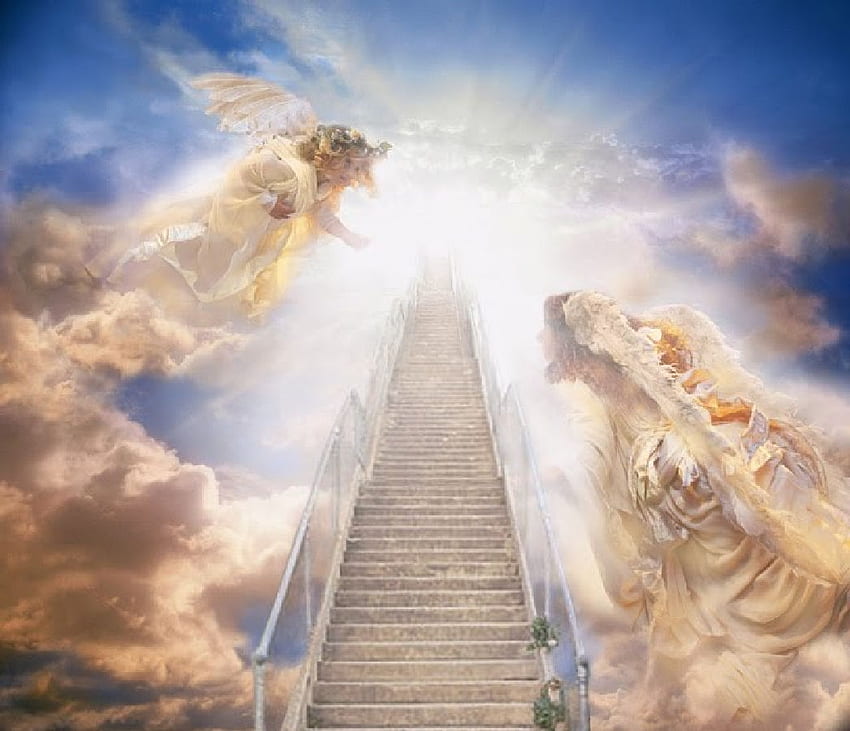 Stairway To Heaven, stairway, Jesus, the way up, angels, heavenly, God, heaven, clouds, sky, Holy Spirit HD wallpaper