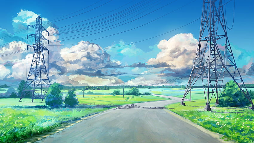 アニメの風景、雲、草、野原、風光明媚な、U TV の夏、アニメの夏の風景 高画質の壁紙