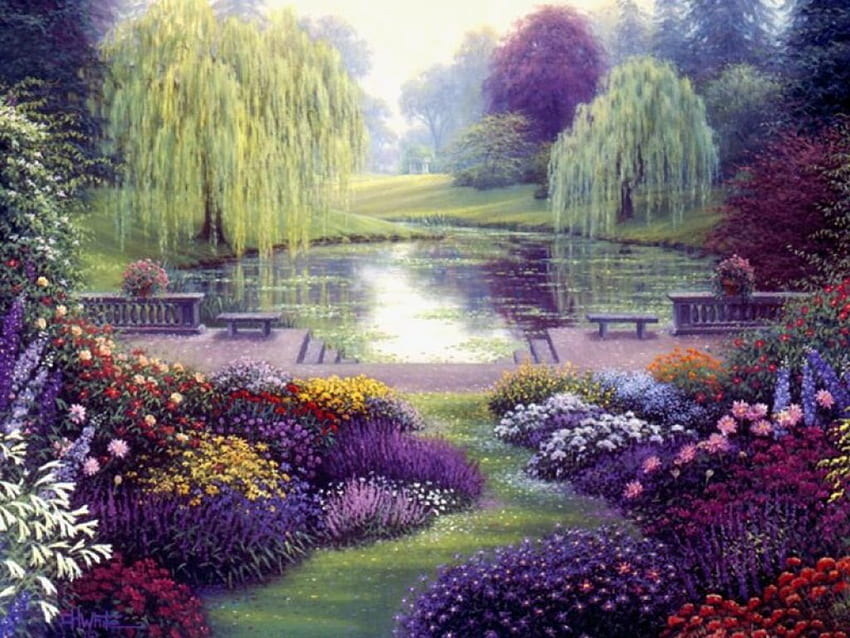 The Garden Park, plants, setting, gazebo, garden, floral, colour, serene, lake, planters, nature, flowers, blooms, lovely HD wallpaper