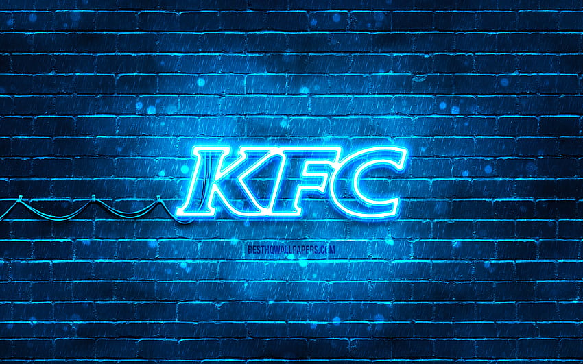Logotipo azul do KFC, parede de tijolos azul, logotipo do KFC, marcas, logotipo neon do KFC, KFC papel de parede HD