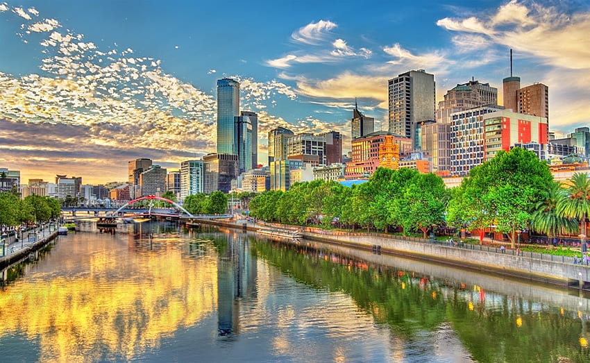 Melbourne Australia Sky Street river Cities Building HD тапет