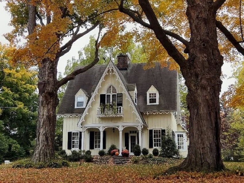Vacations House in a Fall Season, architecture, house, trees, garden, nature, fall leaves HD wallpaper