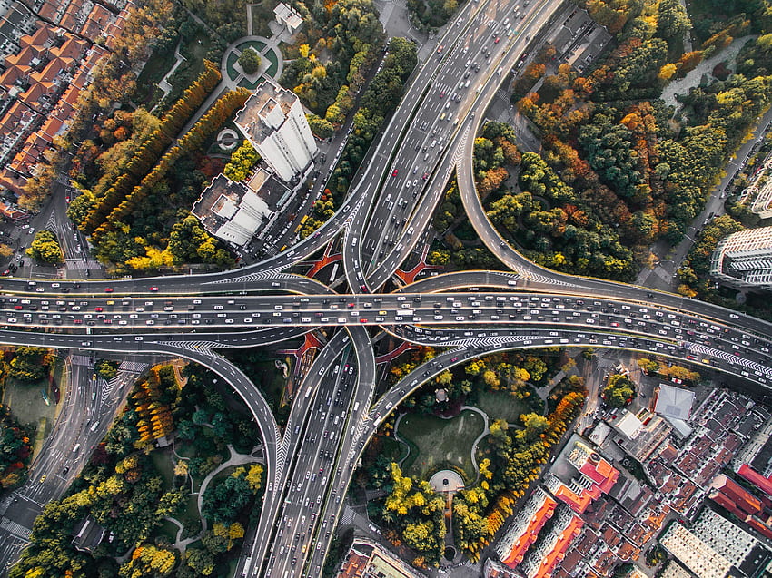 Градове, мостове, пътища, изглед отгоре, движение, трафик, Китай, Шанхай, кръстопът, кръстопът HD тапет