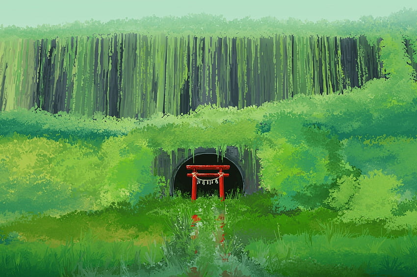 Torii, Anime Landscape, Green, Hills, Shrine for Chromebook Pixel, Green Anime Scenery HD wallpaper